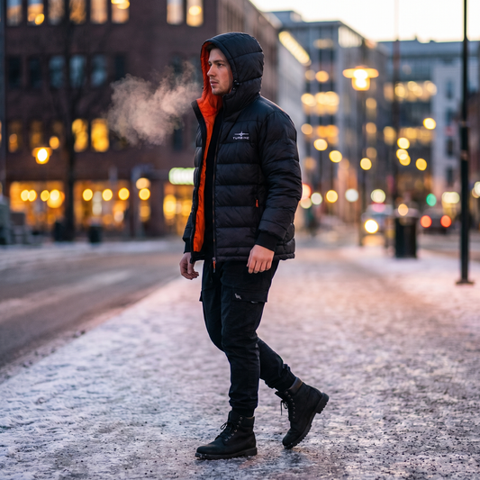 Turbine Altitude Puffer Jacket with hood up, model walking at dusk