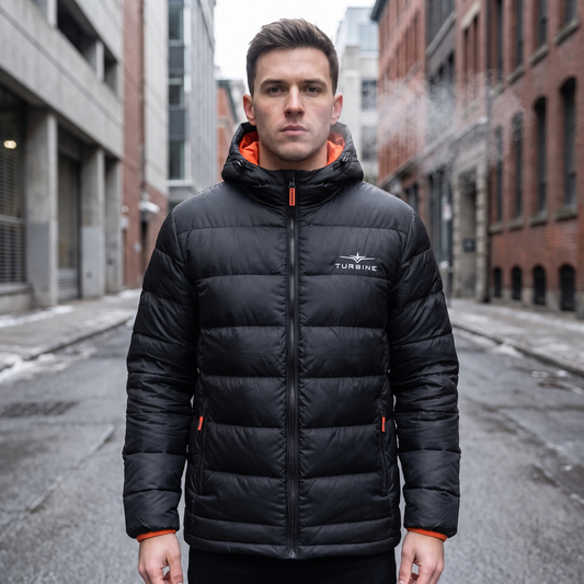 Turbine Altitude Puffer Jacket worn by a male model on a cold urban street