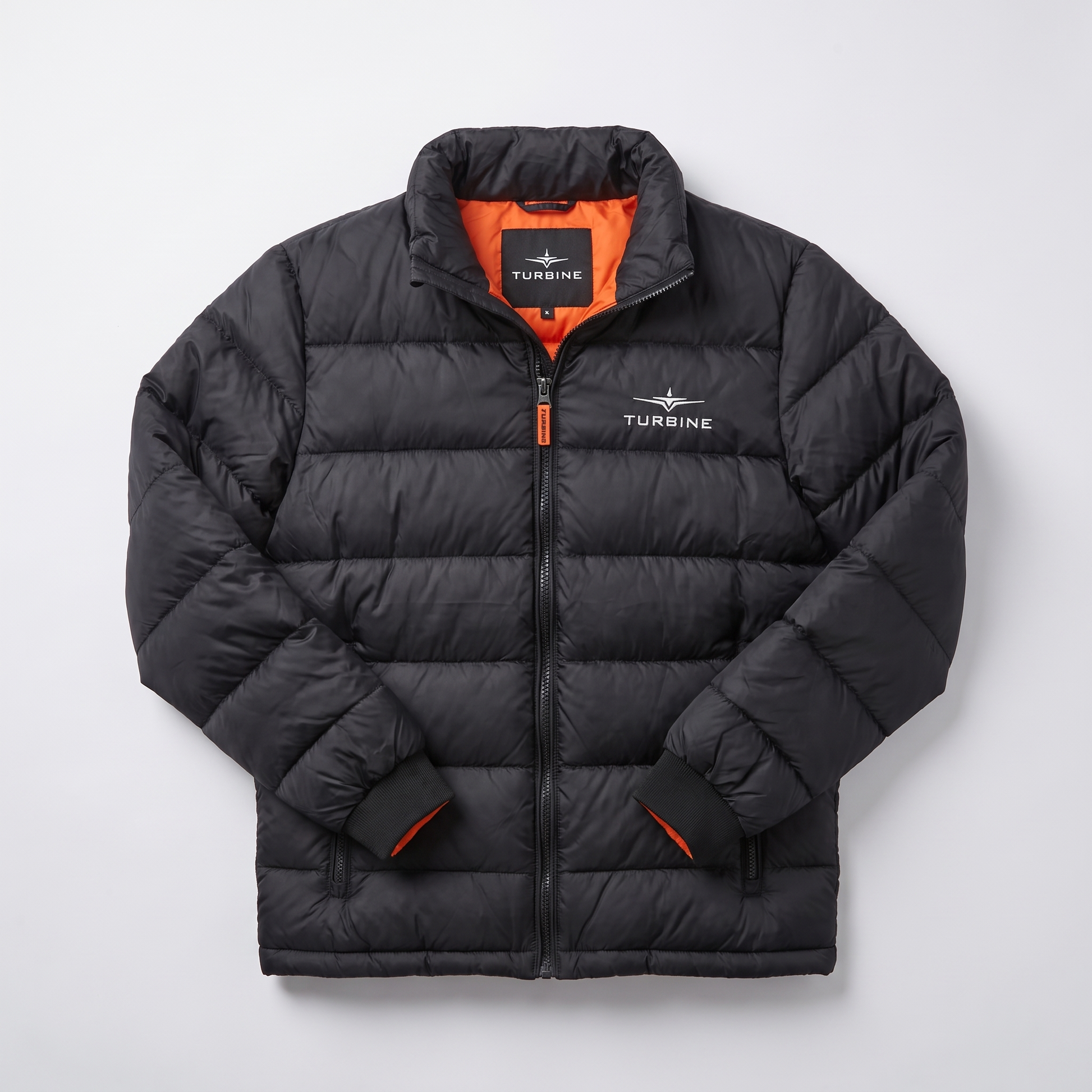 Turbine Altitude Puffer Jacket flat lay showing front zip and orange lining