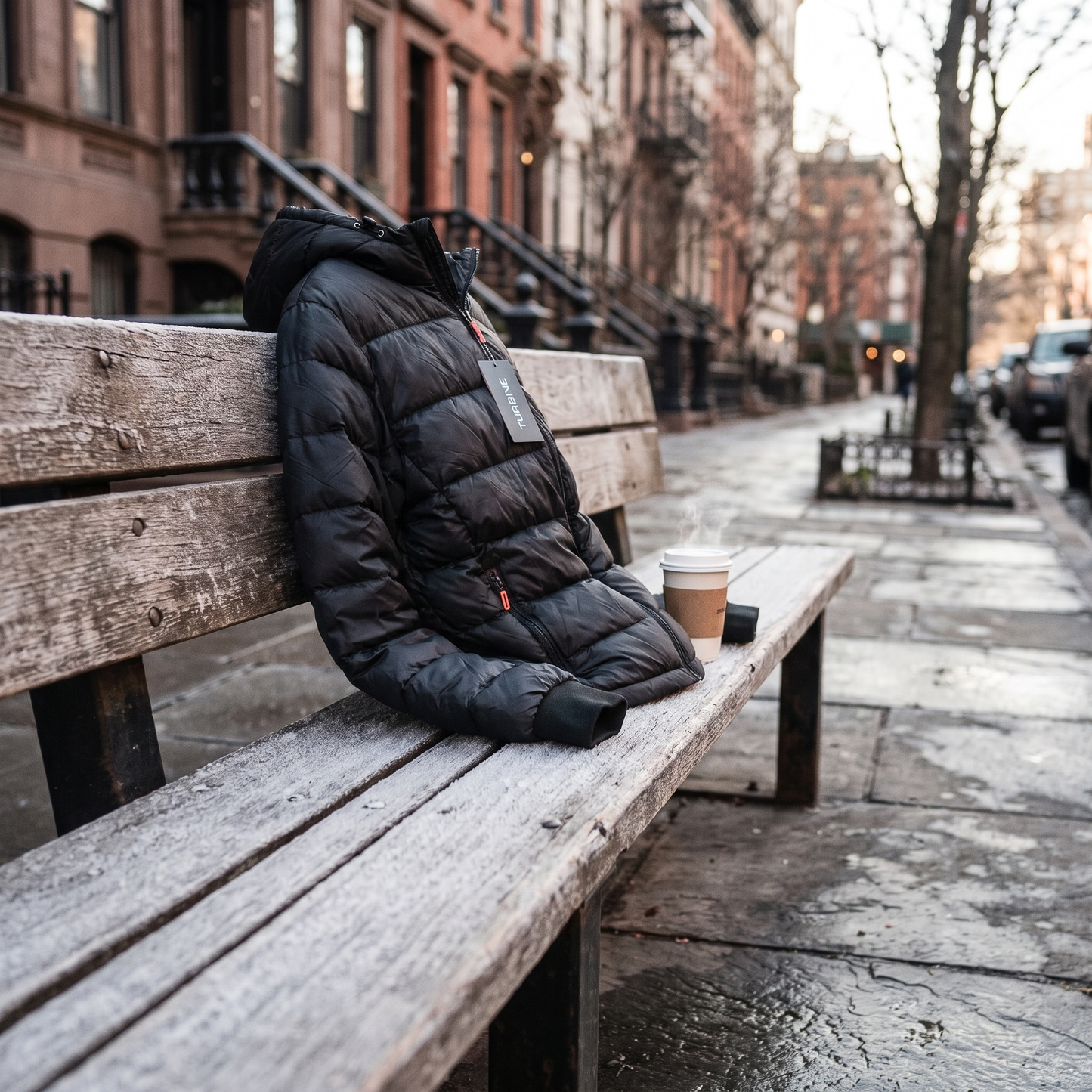 Turbine Altitude Puffer Jacket draped over a bench in a lifestyle shot