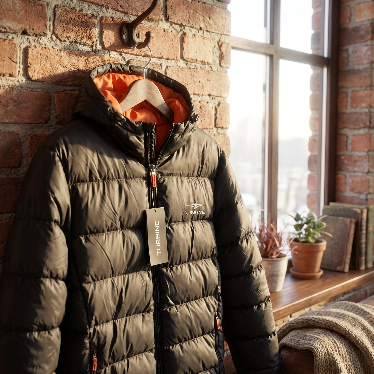 Turbine Altitude Puffer Jacket hanging on a brick wall hook